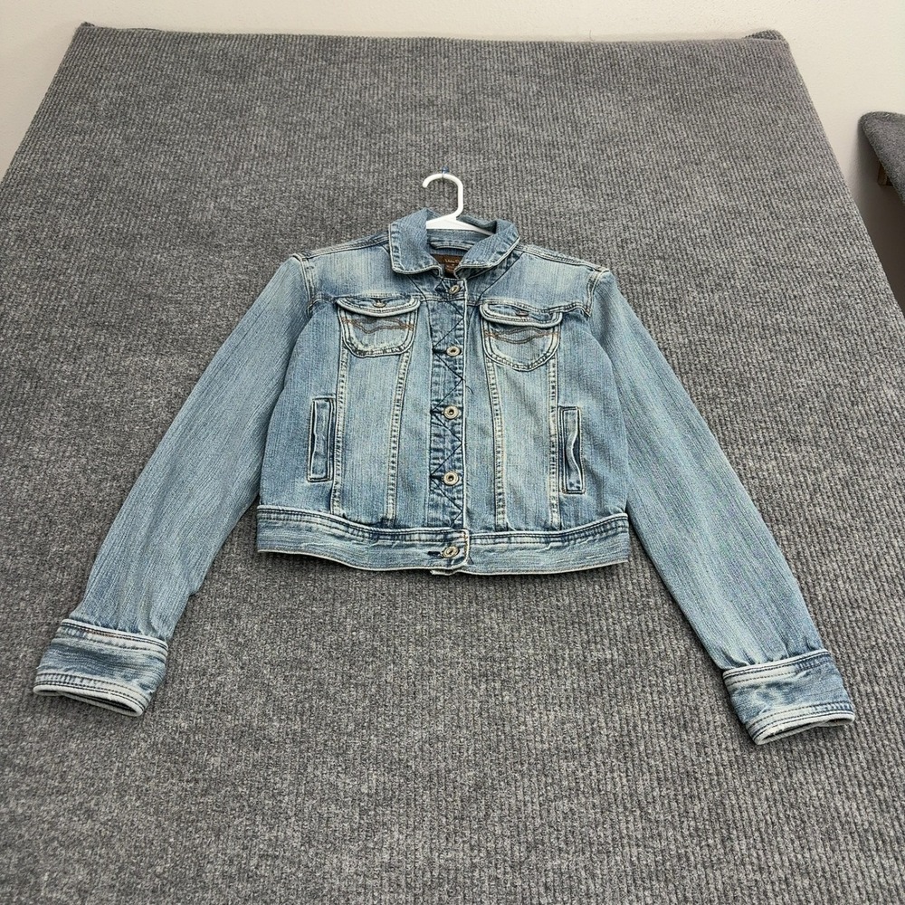 Urban Behavior Denim Jacket Womens M Blue Cotton Spandex Cropped Distressed Y2K